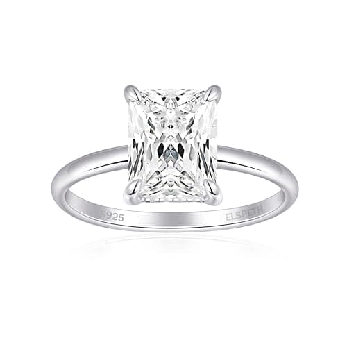 Elspeth 3CT Radiant Cut Engagement Ring 925 Sterling Silver Cubic Zirconia Hidden Halo Solitaire for Women Wedding Promise Ring Size 6.5