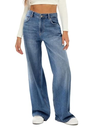 HDLTE Women's High Waist Baggy Boyfriend Jeans - Wide Leg Loose Denim Pants with Pockets(Light Blue,X-Small) - Image 1