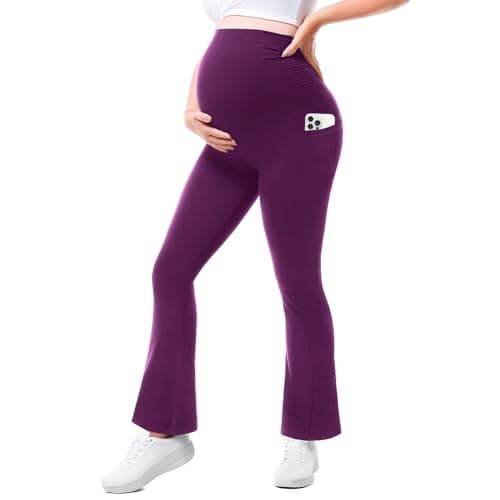Walifrey Maternity Flared Leggings with Pocket Over The Belly Buttery Soft Pregnancy Yoga Pants Plum Purple XXL - Image 1