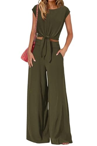 PRETTYGARDEN Women 2 Piece Lounge Sets 2026 Casual Summer Outfits Cap Sleeve Strappy Crop Tops Wide Leg Pant Tracksuit(Army Green,XX-Large) - Image 1