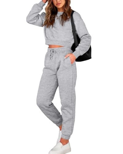 BTFBM Women 2 Piece Outfits Long Sleeve Crop Top Pullover Drawstring Pant Jogger Set Casual Sweatsuits Tracksuit Pockets(Grey, X-Large) - Image 1