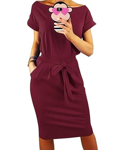 PRETTYGARDEN Women's Summer Short Sleeve Crewneck Striped Dress Basic Solid Tie Waist Office T Shirt Dresses Pockets(Wine Red,Small) - Image 1