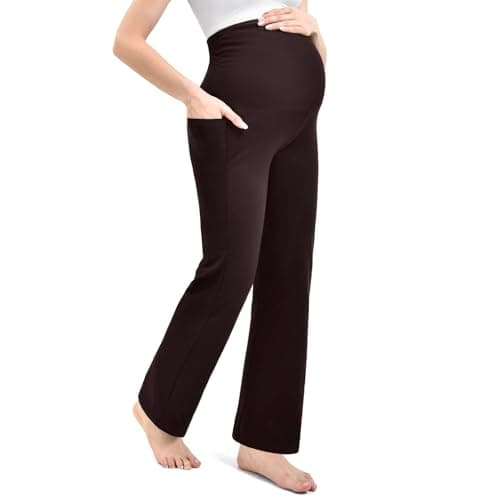 Leafigure Maternity Pants with Pockets Over The Belly Lounge Wide Leg Yoga Pants for Women Pregnancy Brown XL - Image 1