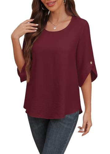 Askyes Blouses for Women 3/4 Sleeve Cute Casual Dressy Blouse Work Ladies Tops Burgundy Tunic Wear with Leggings,Wine Red M - Image 1