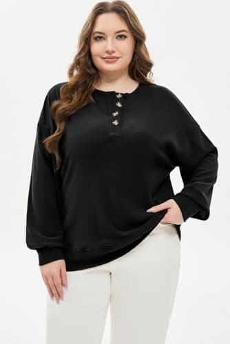 AlvaQ Plus Size Oversized Sweatshirts for Women Fall Fashion 2025 Loose Long Sleeve Button Up Hoodies Henley Tops Black Large - Thumbnail 6