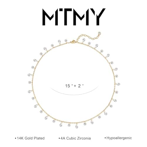 MTMY Gold Choker Necklace for Women 14K Gold Plated Cubic Zirconia Cross Heart Shell Teardrop Charm Station Choker Necklace Dainty CZ Chain Necklaces for Women Trendy Summer Jewelry Gifts(Drop) - Thumbnail 5