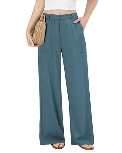 JEKAOYI Womens Wide Leg Linen Cotton Pants Summer Casual Stretchy Lightweight High Waisted Trousers for Work Lounge Lake Blue - Image 1