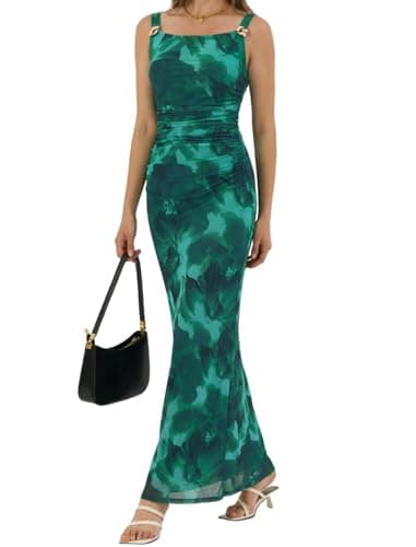 ZAFUL Green Wedding Guest Dress for Women's Sexy Dress Formal Sleeveless Mesh Ruched Bodycon Maxi Party Long Dresses Sexy - Image 1
