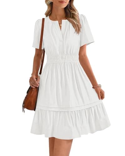 BTFBM Summer Dresses for Women 2026 Casual Boho Sundress Short Sleeve V Neck Ruffle A Line Beach Vacation Mini Dress(White, XX-Large) - Image 1