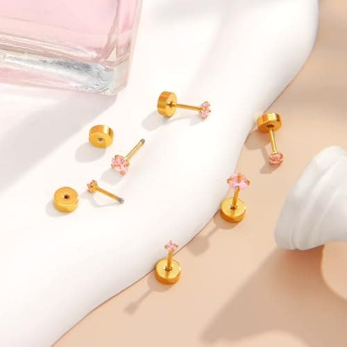 Handmade Tiny Flat Back Stud Earrings: 3 Pairs 14K Gold Plated Screw Flatback 2 3 4mm Cubic Zirconia Earrings Cartilage Piercing Jewelry for Women Helix Tragus Earlobe, Metal, Cubic Zirconia - Thumbnail 5