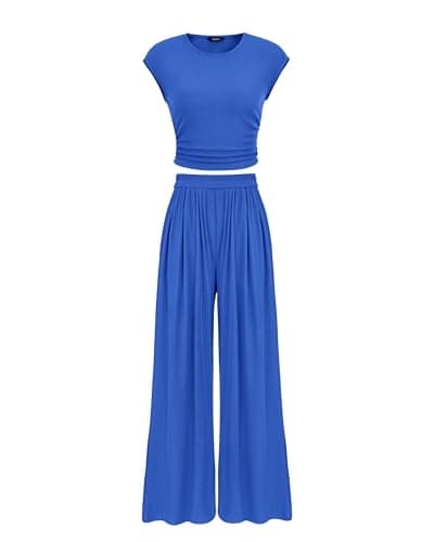 PRETTYGARDEN Women 2 Piece Outfits Cap Sleeve Ribbed Knit Fitting Tops High Waist Wide Leg Pant Sets Fashion Lounge Wear(Brilliant Blue,Small) - Image 1