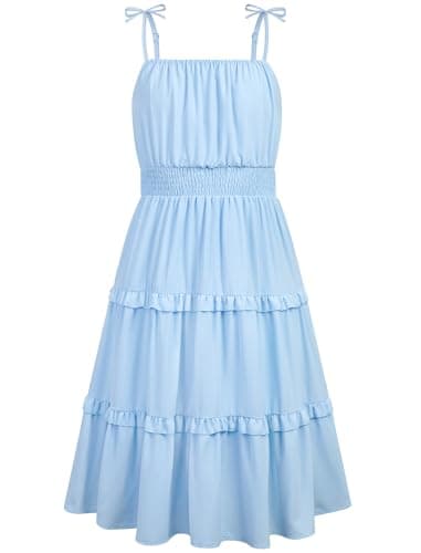 HOZIY Birthday Dress for Girls Easter Spring Summer Casual Blue School Cami Midi Dresses Vestidos para Niñas Little Kids Ruched Layered Ruffled Tiered Sleeveless Party Formal Junior Sundress Size 5-6 - Image 1
