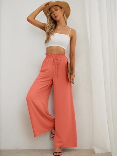 Heymoments Women's Wide Leg Dress Pants with Pockets Coral Medium Lightweight Elastic High Waisted Adjustable Tie Knot Flowy Loose Slacks Lounge Casual Ladies Beach Pleated Trousers - Thumbnail 4