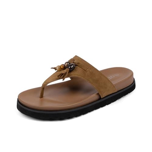 QIY Women Sandals Suede Brown Flip Flops Women Fringe Platform Thong Slide Shoes Lightweight Slip on Bohemian Flats Open Toe Arch Support Soft Comfy Summer Beach Tassel Sandals for Women Size 8 - Image 1