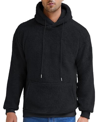 Aimeilgot Mens Fuzzy Sherpa Hoodie Pullover Sweatshirts Long Sleeve Lightweight Fleece Loose Cozy with Pocket Winter Hooded Outwear Black, Large - Image 1