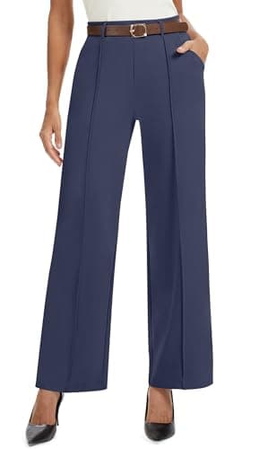 AVAMO Wide Leg Dress Pants for Women Pull On Stretchy Work Pants with Pockets High Elastic Waist Office Business Navy Blue - Image 1