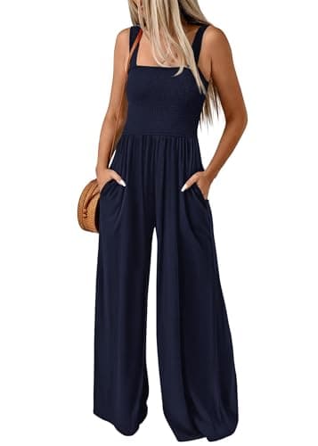 KIRUNDO Dressy Jumpsuits for Women Casual Loose Fit One Piece Wide Leg Sleeveless Overalls Summer Romper Beach Vacation Outfits(Navy, Medium) - Image 1