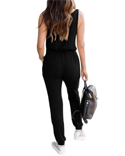 KIRUNDO Women 2026 Summer Jumpsuits Casual Sleeveless Drawstring Elastic Waist Romper Vacation Cruise Airport Travel Outfits(Black, Small) - Thumbnail 2
