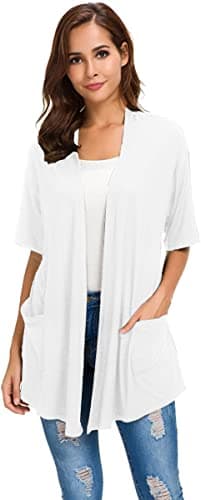 ADANIKI Women 2026 Summer Lightweight Cardigan, Short Sleeve Open Front Casual Trendy Womens Kimono Cover Up with Pocket (White, S) - Image 1