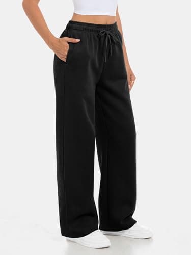 AFFOLE Wide Leg Sweatpants Women High Waisted Fleece Lined Baggy Straight Leg Lounge Pants Fall Outfits Athletic Joggers with Pockets Black - Thumbnail 4