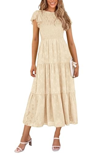 PRETTYGARDEN Midi Dresses for Women 2026 Summer Floral Cap Sleeve Smocked A Line Long Elegant Spring Wedding Guest Dress (Beige,Large) - Image 1