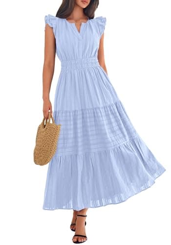 BTFBM Womens Summer Maxi Dress 2026 Spring Boho Vacation Ruffle Flutter Short Sleeve A Line Tiered Flowy Dresses Pockets(Light Blue, X-Large) - Thumbnail 4