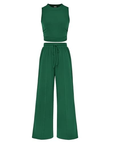 BTFBM Summer Outfits For Women 2026 Cropped Sleeveless Tank Tops Wide Leg Pants 2 Piece Sets Beach Lounge Set Clothing(Green, X-Large) - Image 1