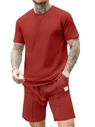 JEMLDL Men's 2 Piece Outfit Summer Set Loungewear Comfortable Home Short Sleeve Shirt & Shorts Casual Sweatsuit Red XXL - Thumbnail 5