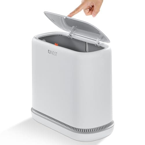 funest Bathroom Trash Can, 3.3 Gallon Slim Trash Can with Lid, Adsorption Garbage Can with Press-Top Lid, Small White Narrow Plastic Trash Bin for Bathroom, Office, Bedroom, Living Room - Image 1