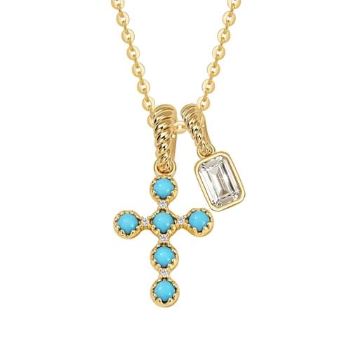 Fettero Gold Cross Necklace for Women - 14K Gold Plated Dainty Removable Turquoise Cross Pendant Charm CZ Gold Necklace for Women Trendy Faith Jewelry Christian Religious Gifts - Image 1