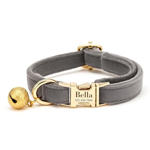 Custom Cat Collar with Bells Personalized Small Cat Collar Engraved Name & Phone Number with Secure Metal Quick-Release Buckle Adjustable (Light Gray) - Image 1
