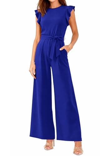 BTFBM Women Jumpsuits Crew Neck Ruffle Cap Sleeve Belted High Waist Wide Leg Romper with Pockets One Piece Casual Outfits(Royal Blue, Medium) - Image 1