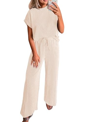 KIRUNDO 2 Piece Sets for Women Dressy Casual Ribbed Knit Short Sleeve Tops Wide Leg Pants Lounge Set Travel Airport Outfits(Apricot, Large) - Image 1