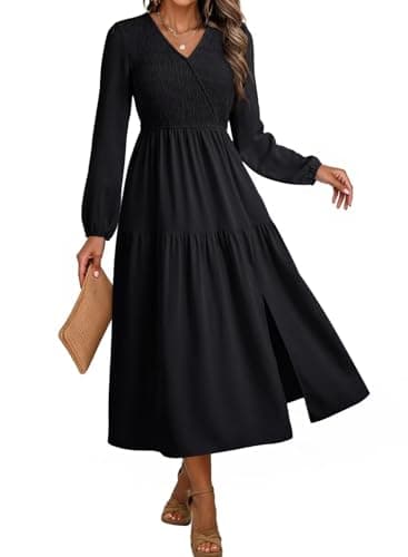 Dokotoo Black Dresses for Women V Neck Long Sleeve Empire Waist Split Swing Flowy Dress School Outfits for Teachers Plus Size Dresses Black XX-Large - Image 1