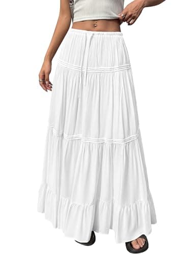 BTFBM Spring Skirts for Women 2026 Summer Boho Beach Vacation Clothes Casual Pleated High Waisted Flowy Maxi Skirt(White, XX-Large) - Thumbnail 3