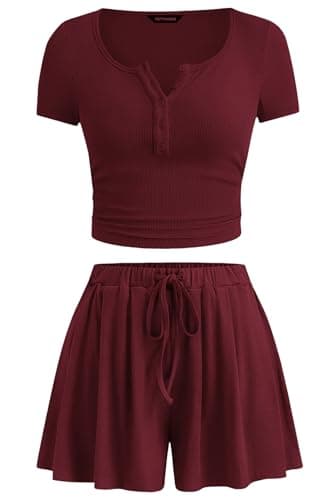 PRETTYGARDEN 2 Piece Sets For Women Summer Short Sleeve Button Up Shirts Drawstring Elastic Waist Shorts Lounge Set 2026(Burgundy,X-Large) - Image 1