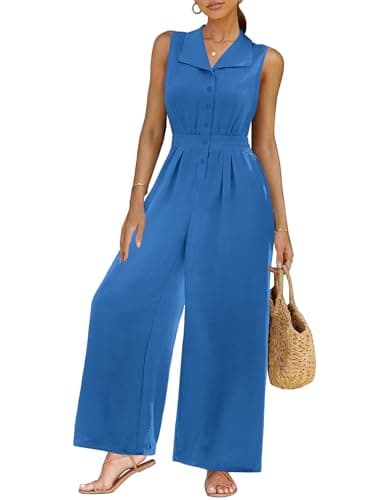 LOOKBOHO Women Elegant Jumpsuit Dressy V Neck Sleeveless Wide Leg Pants Business Casual Outfit One Piece Romper(BL,M) - Image 1