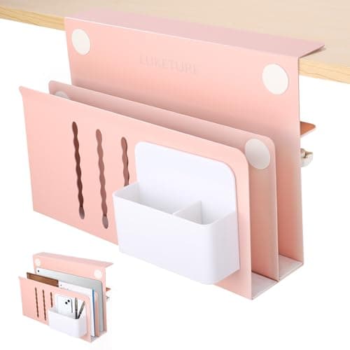 LUKETURE Desk Side Storage, 2 Tier Steel Hanging Organizer, No Drill Side Desk Organizer, Laptop Holder, with Pen Holder, Hanging Table Storage for Office Home, Fits Flat Edge Tables 0.3" to 2.8" - Image 1