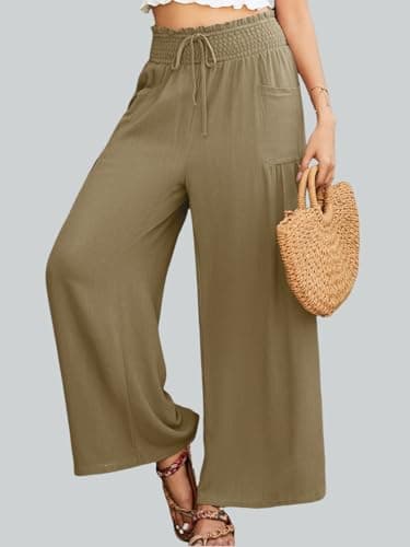 JUYUEO Women Linen Pants Wide Leg High Waisted Casual Summer Beach Palazzo Pants with Pockets Khaki M - Thumbnail 2
