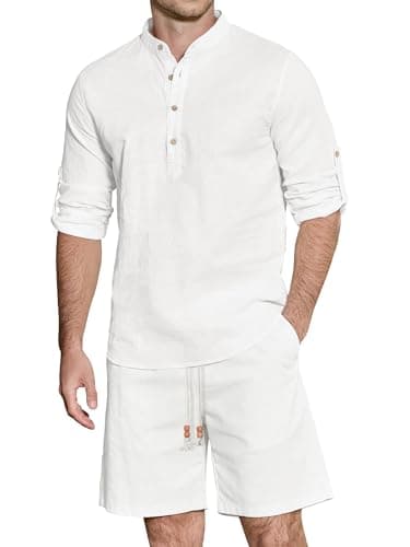 JEMLDL Men's 2 Piece Linen Cotton Long Sleeve Cuban Henley Shirt and Shorts Sets Summer Beach Vacation Outfits White L - Image 1