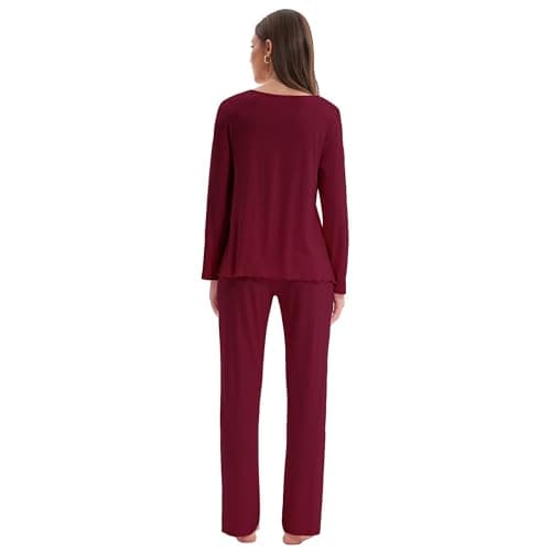 Navisting Women's Soft Knit Pajamas Set V-Neck Top and Pants Long Sleeve Two Piece Loungewear Elegant Wavy Hem Sleepwear with Color Options Burgundy M - Thumbnail 3