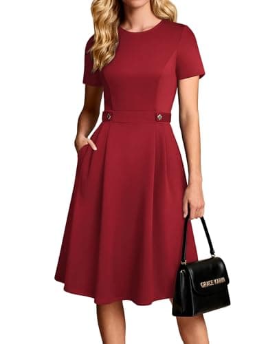 GRACE KARIN Summer Church Dresses for Women 2026 Short Sleeve A Line Work Dresses Fit and Flare Midi Dress with Pockets Red L - Image 1