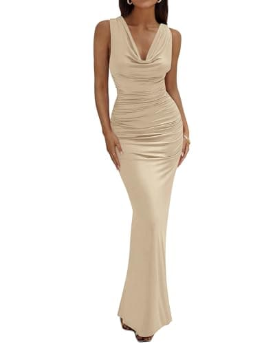BTFBM Cocktail Dresses for Women Spring 2026 Cowl Neck Sleeveless Ruched Slim Fit Maxi Summer Formal Wedding Guest Dress(Beige, Medium) - Image 1