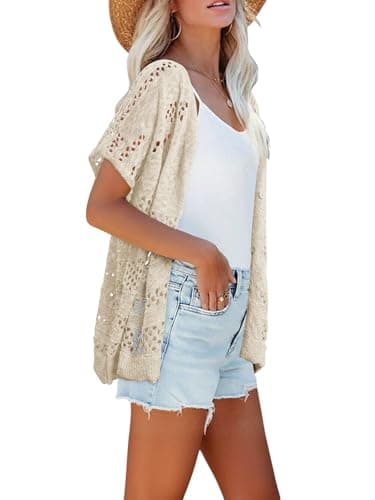 KISSMODA Netted Crochet Cardigan V-Neck Cool-Touch Boho Apricot Vacation Outdoor Date Outfit for Ladies M - Thumbnail 5