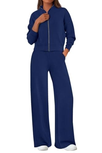 PRETTYGARDEN Women's 2 Piece Outfits Spring Sweatsuits Zip Up Sweatshirt Wide Leg Sweatpants Casual Tracksuit Lounge Sets(Navy Blue,Large) - Image 1