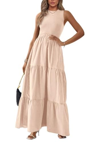 BTFBM Women Sleeveless Summer Dresses Wedding Guest Maxi Dresses Ribbed Knit Tops and Polyester Skirt with Pockets(Solid Beige,XX-Large) - Image 1