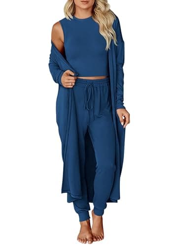 KIRUNDO 3 Piece Lounge Sets for Women Airport Travel Vacation Outfits Spring Cardigan Matching Sleeveless Top Jogger Pants(Dark Blue, Large) - Image 1