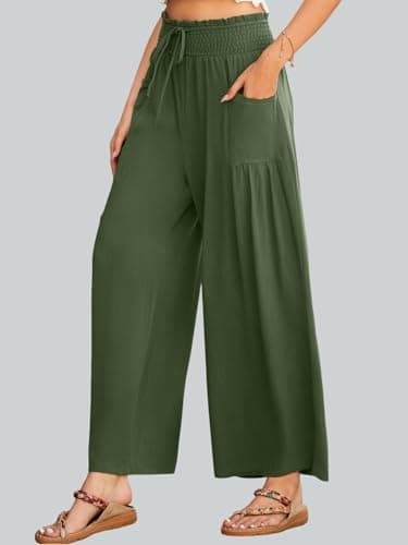 JUYUEO Womens Linen Summer Wide Leg Palazzo Pants High Waist Casual Loung Pant Beach Travel Vacation Harem Pants with Pockets Army Green - Thumbnail 4