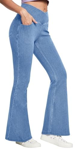 IUGA High Waisted Bell Bottom Jeans for Women Flare Stretchy Jeans Pull On Wide Leg Jean Woman V Cross Flare Leggings Pants(Baby Blue, Medium) - Image 1