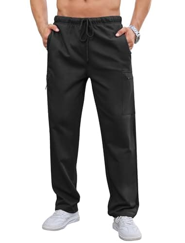 SILKWORLD Sweatpants for Men Zipper Cargo Pockets Joggers Open Bottom Casual Pants for Athletic, Jogging, Black, Medium - Image 1